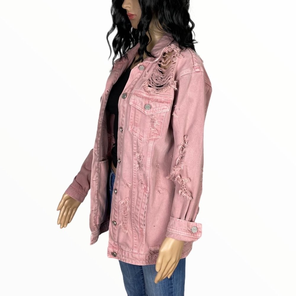 Missguided Mauve Pink Ripped Distressed Boyfriend Jean Jacket, sz 4, EUC - Picture 6 of 8